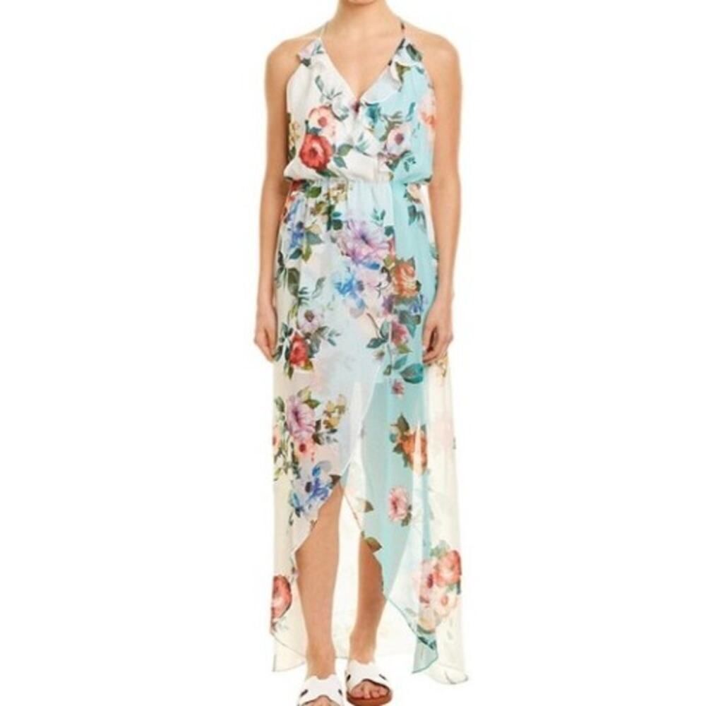 Lavender Brown Blue Floral High Low Spaghetti Strap Dress Sz. M